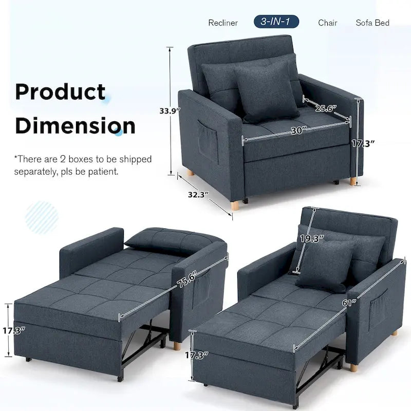 Poltrona letto regolabile, trasformabile 3-in-1, disponibile in più colori, per 1 persona