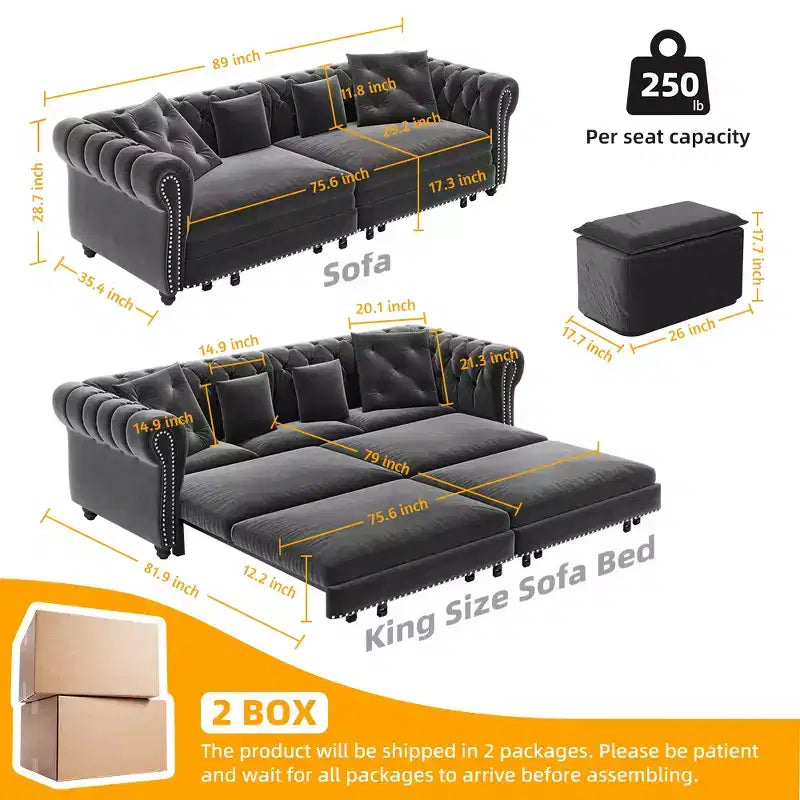 Rozkładana sofa 3 w 1 Whisen Velvet typu king-size z ruchomym podnóżkiem i pikowanym wzorem