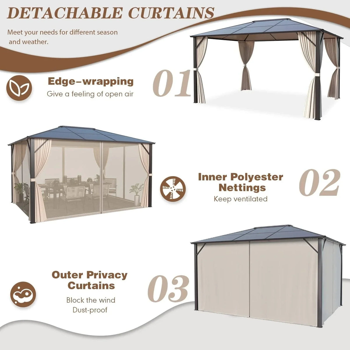 EROMMY prieel met hard dak, pergola voor buiten met dubbel dak, netten en gordijnen, robuuste overkapping voor terras, achtertuin en zwembadfeestjes