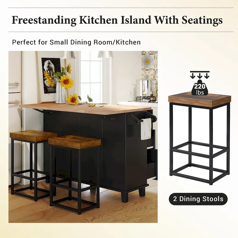 TOPMAX Kitchen Island Set with Drop Leaf and 2 Seatings, Dining Table Set with Adjustable Shelf, Drawers and Towel Rack