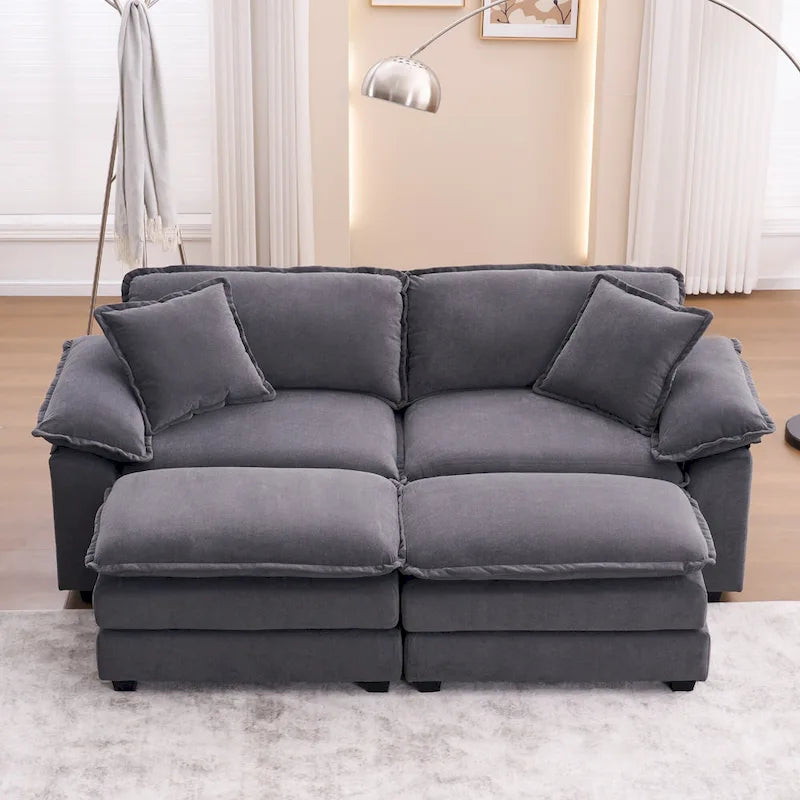 Zweisitzer-Sofa mit 2 Sitzkissen, 2 Kissen und 2 Hockern, bequemes Sofa – tiefes Wohnzimmer-Sofa, modulares Sofa