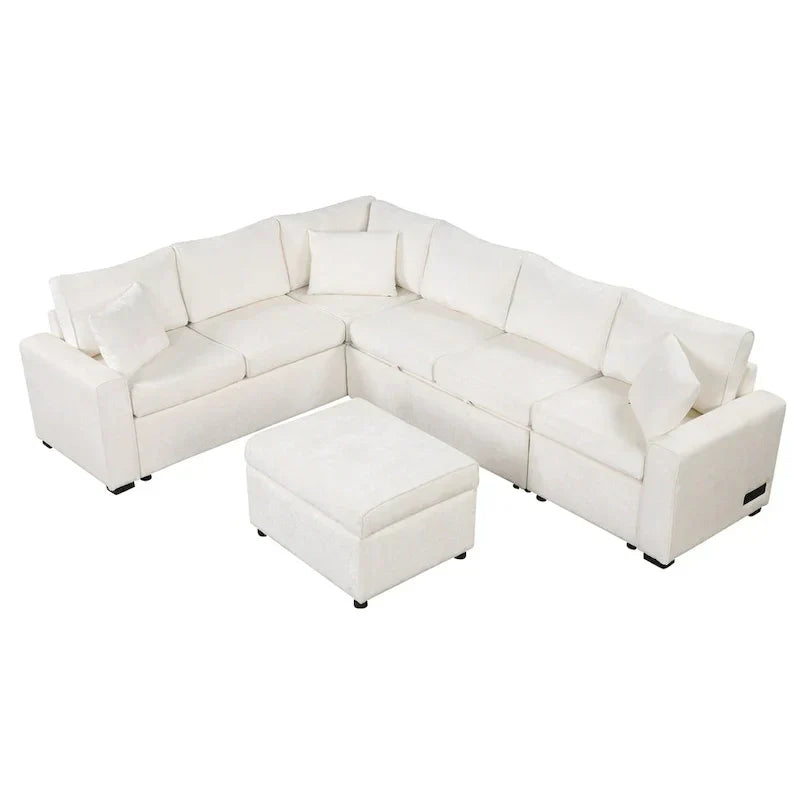 Ecksofa aus Chenille, ausziehbares Schlafsofa in L-Form mit Aufbewahrungshocker, 3 Kissen und Ladegeräten