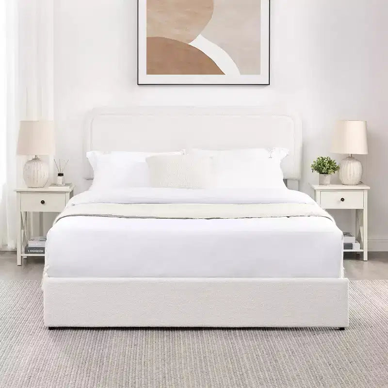 Modernes gepolstertes Bouclé-Bett in Queen-Size mit Stauraumschubladen