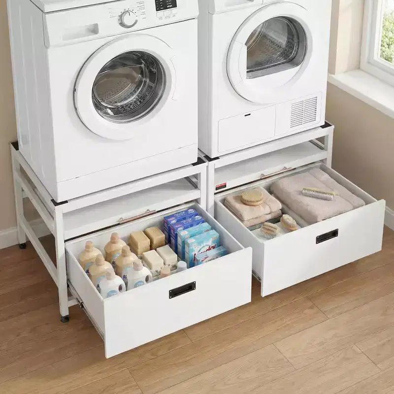 Podstavec pod pračku a sušičku VEVOR, výška 22.6 in, 29x29 in, s výsuvnou přihrádkou a úložným prostorem, nosnost 800 lbs, protiskluzový, bílý