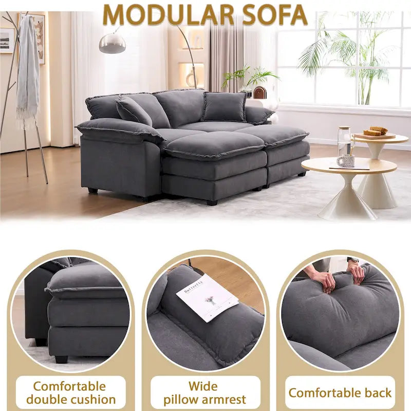 Zweisitzer-Sofa mit 2 Sitzkissen, 2 Kissen und 2 Hockern, bequemes Sofa – tiefes Wohnzimmer-Sofa, modulares Sofa