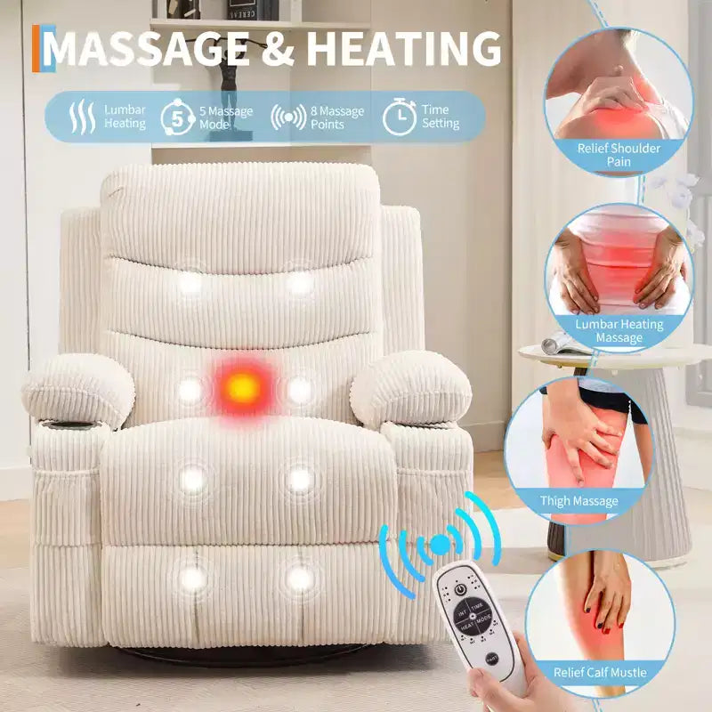 Obrotowy fotel bujany z funkcją masażu i podgrzewaniem, fotel typu glider 360° z uchwytami na kubki i bocznymi kieszeniami, ergonomiczna sofa wypoczynkowa do salonu, kampera, pokoju dziecięcego