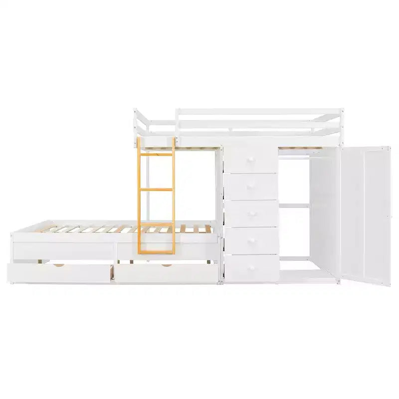 Letto a castello matrimoniale su matrimoniale con armadio contenitore e cassetti, letto a castello in legno matrimoniale salvaspazio con sponda di sicurezza per appartamento e camera da letto