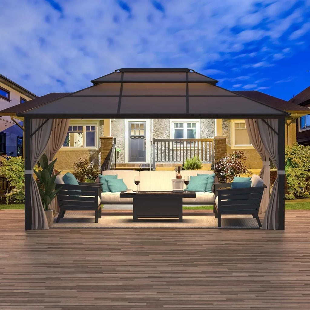 EROMMY prieel met hard dak, pergola voor buiten met dubbel dak, netten en gordijnen, robuuste overkapping voor terras, achtertuin en zwembadfeestjes
