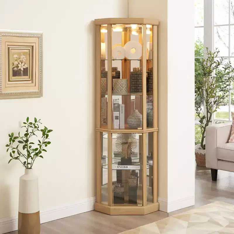 Vitrine d'angle avec portes et étagères en verre, meuble d'exposition d'angle pour le salon