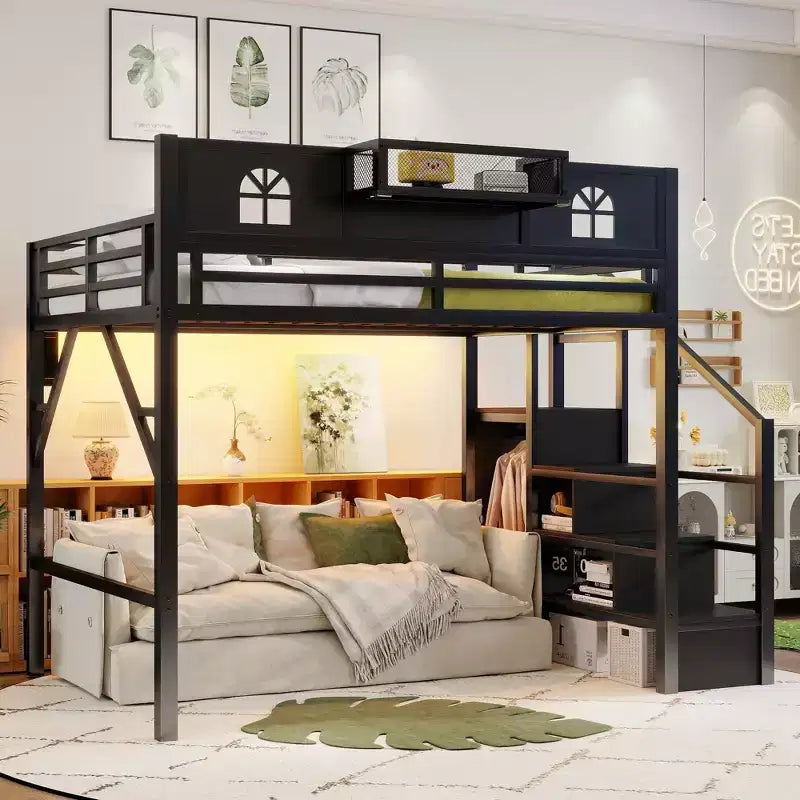Łóżko na antresoli ModernLuxe Full/Queen ze schodami i wbudowaną szafą, metalowa rama łóżka z oświetleniem LED, stacją ładowania USB i półkami do przechowywania