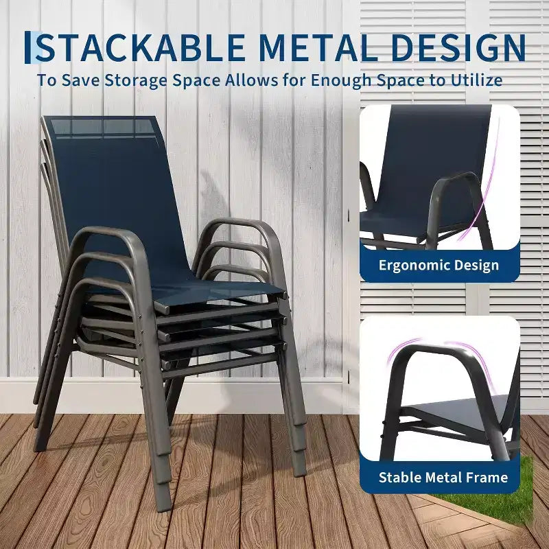 Terrasstoelen, stapelbare buiteneetkamerstoelen, set van 4/6, lichtgewicht weerbestendige textilene tuinstoelen met armleuningen voor achtertuin en zwembadterras