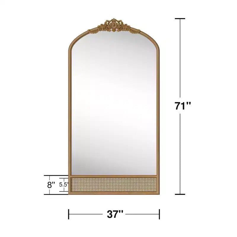 37 in. W x 71 in. H Klassiek gesneden houten boogframe met rotan onderkant, wandspiegel in bruin
