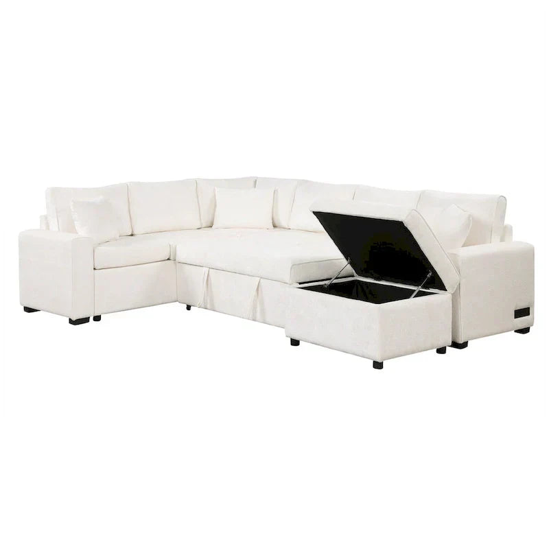 Ecksofa aus Chenille, ausziehbares Schlafsofa in L-Form mit Aufbewahrungshocker, 3 Kissen und Ladegeräten