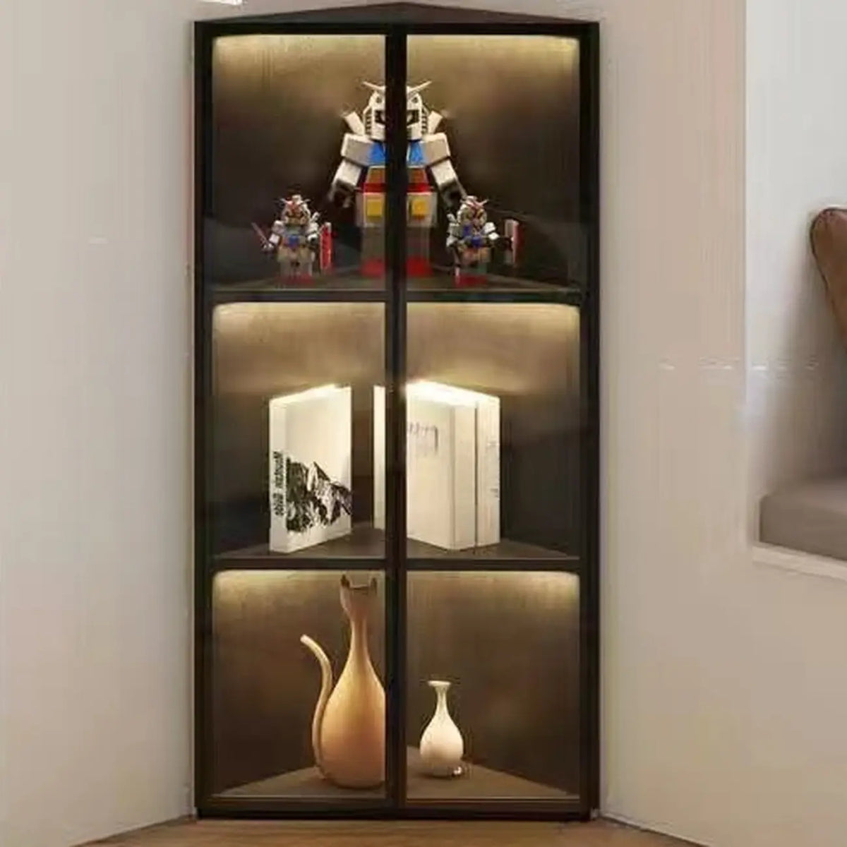 Vitrine de canto moderna em metal e madeira cinzenta com porta de vidro