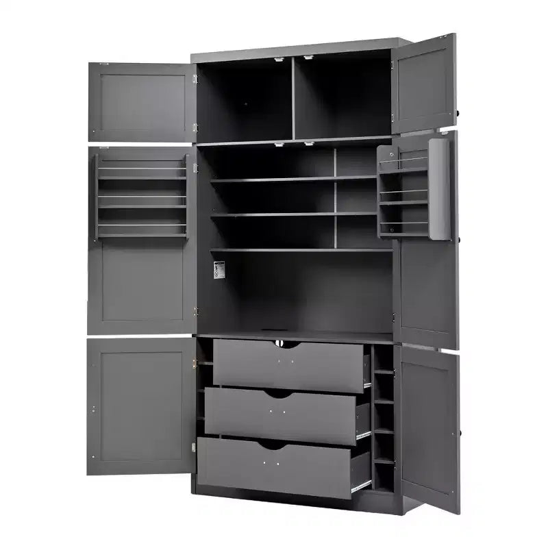 Armoire garde-manger haute pour cuisine avec prises électriques, grand placard autoportant avec support pour micro-ondes, tiroirs, étagères, porte-bouteilles et étagères intégrées à la porte