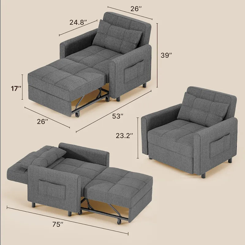 Sofá-cama 3 em 1 com cadeira-cama extraível, sofá-cama convertível, ajustável e dobrável, estofado