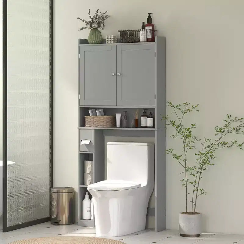 HOMCOM Aufbewahrungsschrank über der Toilette, moderner Badezimmer-Organizer über der Toilette mit 2 Türen und Toilettenpapierhalter, freistehender Platzsparer