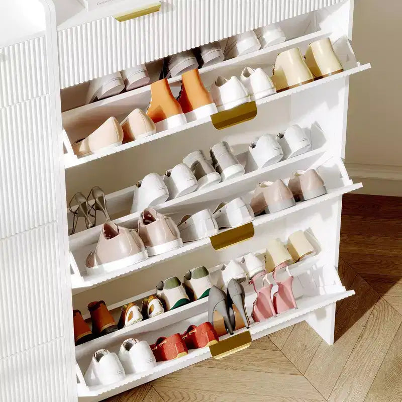 Scarpiera moderna bianca con 3 cassetti ribaltabili, 2 cassetti piccoli e ganci, organizer sottile scanalato per scarpe, mobile stretto per ingresso