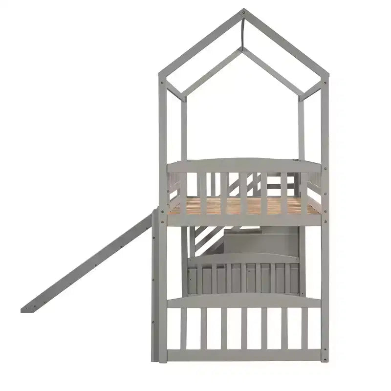 Hochbett in Hausform für zwei Personen mit Rutsche und Treppe, Hochbett mit Stauraumschubladen, Holzhütten-Hochbett für Kinder und Kleinkinder