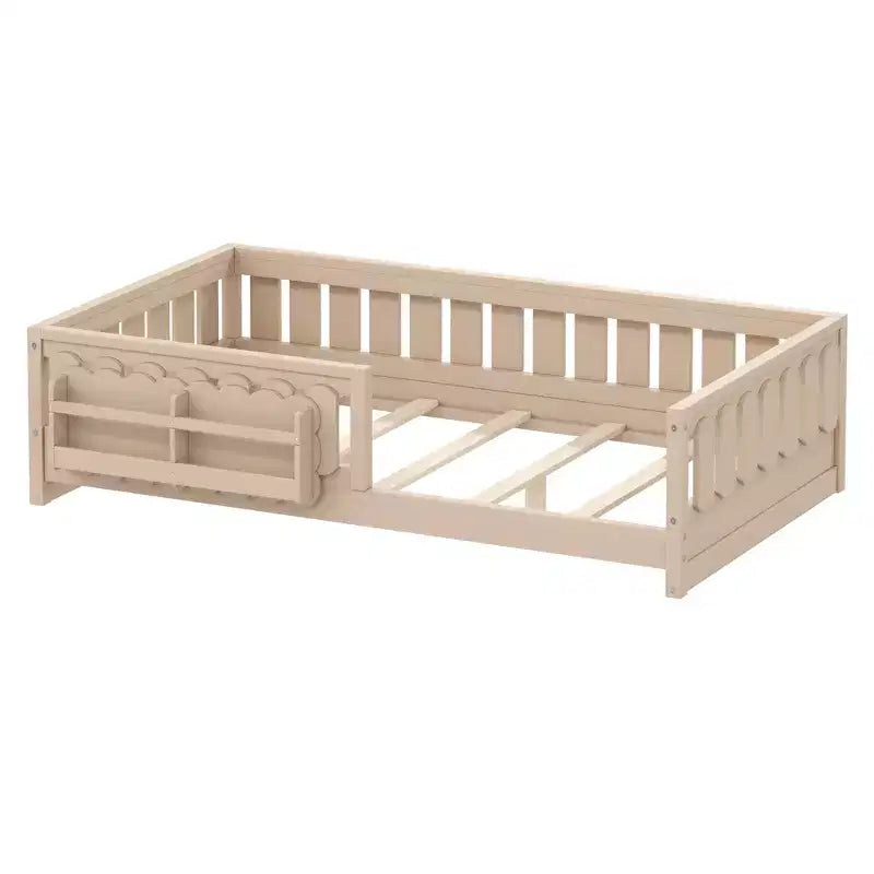 Struttura letto a piattaforma per bambini, singolo e matrimoniale, con sponde di sicurezza, librerie integrate e ripiani contenitore