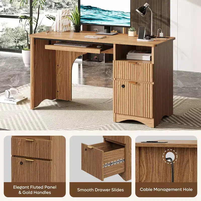 Scrivania per computer Bestier 55 Smart, scrivania da lavoro in rovere con cassetti portadocumenti e presa di corrente, scrivania direzionale da ufficio con spazio aperto e vassoio per tastiera