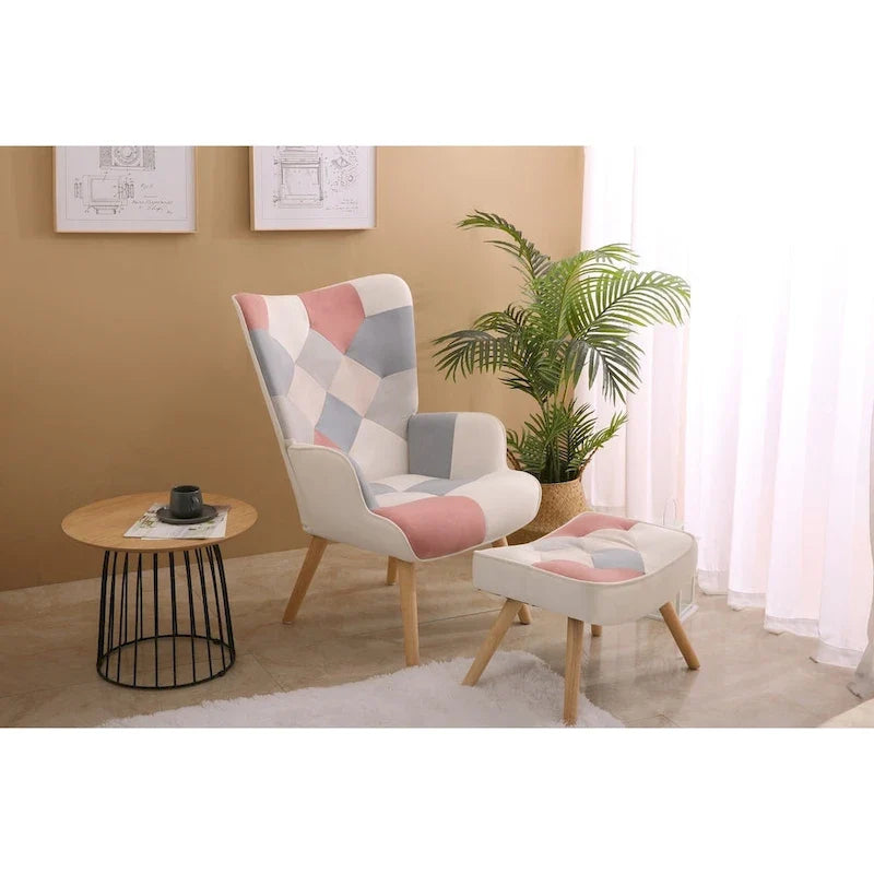 Poltrona d'accento con pouf, set di poltrona e pouf per il soggiorno, comoda poltroncina con braccioli per la camera da letto, rivestimento in tessuto a拼接 creativo