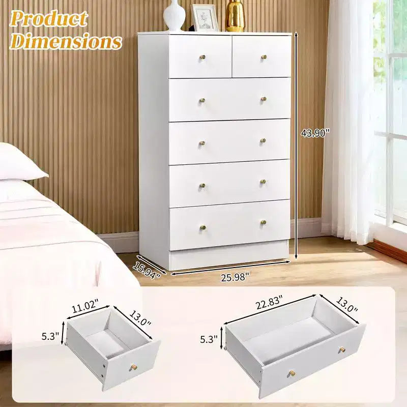 Karl Home große Kommode mit 6 Schubladen für Schlafzimmer und Schubladenschrank, robuste Konstruktion, Organizer aus Holz zur Aufbewahrung im Kleiderschrank, weiß