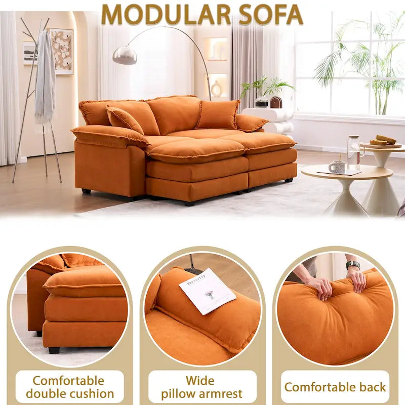 Zweisitzer-Sofa mit 2 Sitzkissen, 2 Kissen und 2 Hockern, bequemes Sofa – tiefes Wohnzimmer-Sofa, modulares Sofa