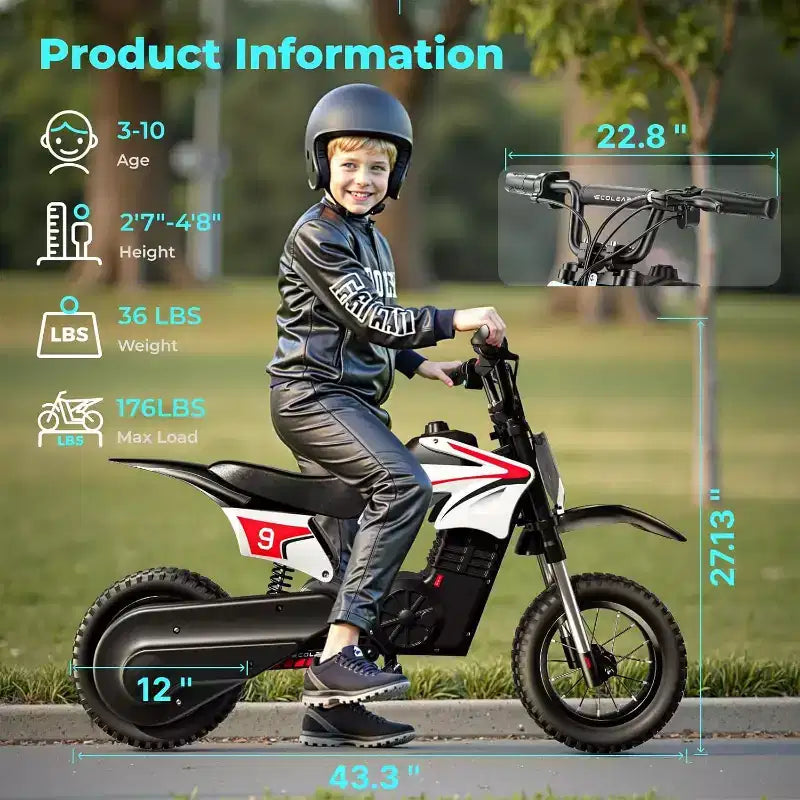 ECOLEAP K1 elektrisches Dirtbike für Kinder, 36 V, schnell mit 16 MPH, Reichweite von 14 Meilen, 700-W-Spitzenmotor, 3 Geschwindigkeitsstufen, 12 Offroad-Reifen, UL, für Kinder von 3–10 Jahren