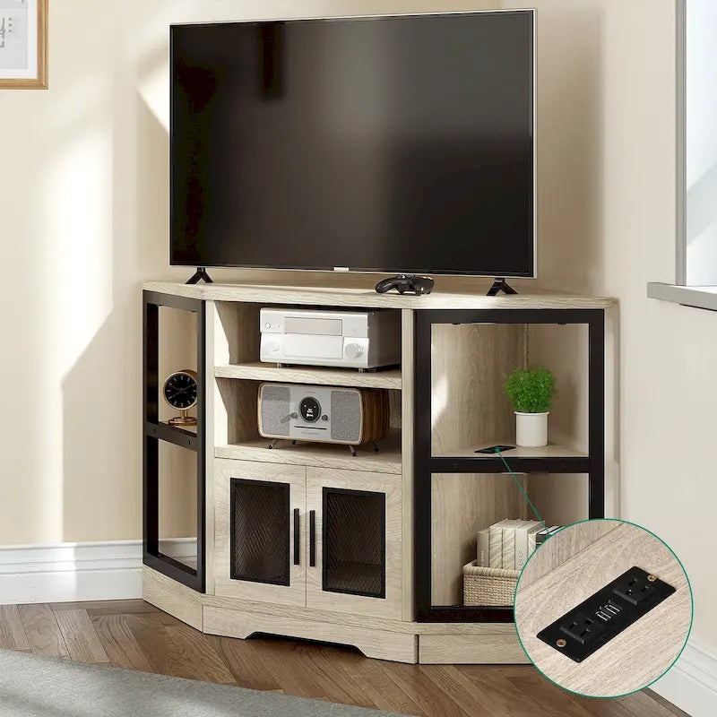Farmhouse Corner TV Stand Entertainment Center Media Console for TVs up to 55 with Power Outlet
