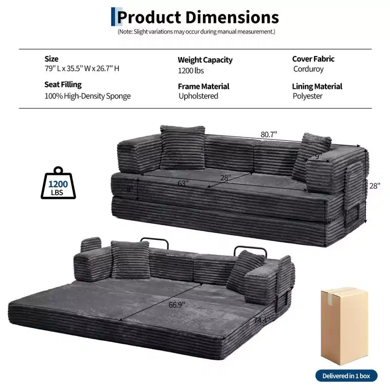 80.7 5-in-1 Convertible Sleeper Sofa Bed â€?Corduroy, 1200 lbs, No Assembly