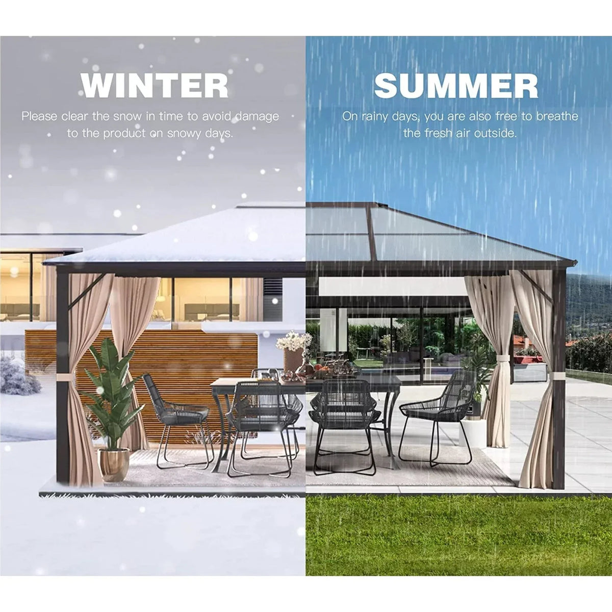 EROMMY prieel met hard dak, pergola voor buiten met dubbel dak, netten en gordijnen, robuuste overkapping voor terras, achtertuin en zwembadfeestjes