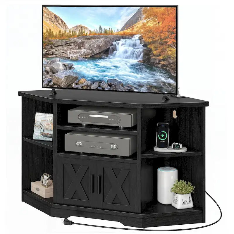 Eck-TV-Ständer im Landhausstil, Entertainment-Center und Medienkonsole für Fernseher bis 55 Zoll mit Steckdose