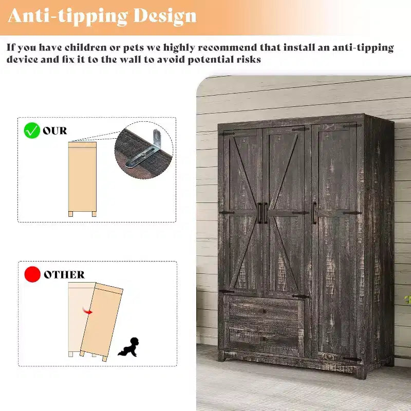Armário de roupa estilo quinta AMERLIFE de 47 com 3 portas, 2 gavetas, varão para cabides e prateleiras ajustáveis, organizador de roupeiro independente