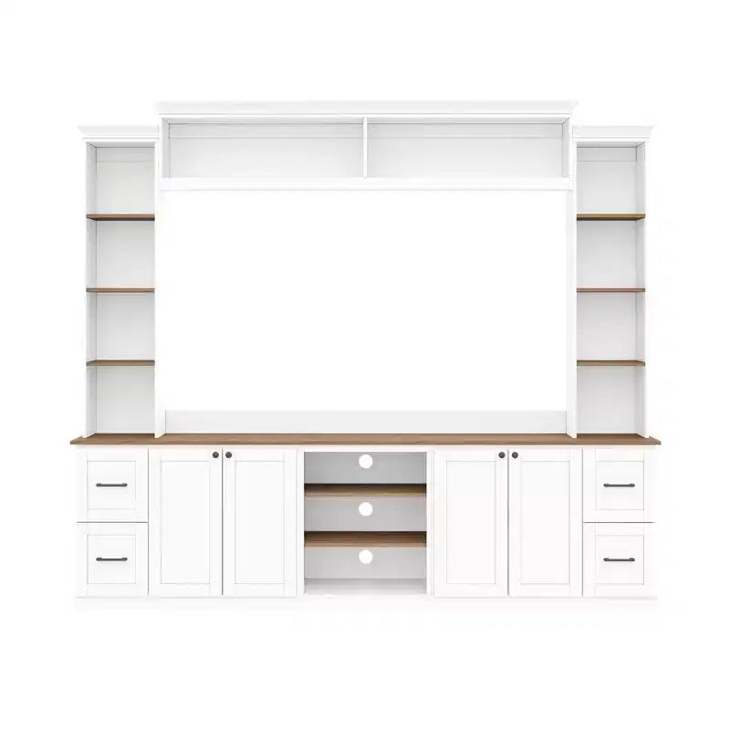 ModernLuxe 4-in-1-Farmhouse-Entertainment-Center als Wandeinheit, passend für Fernseher bis 70, TV-Ständer und Medienkonsole mit verstellbaren Regalen und Schubladen