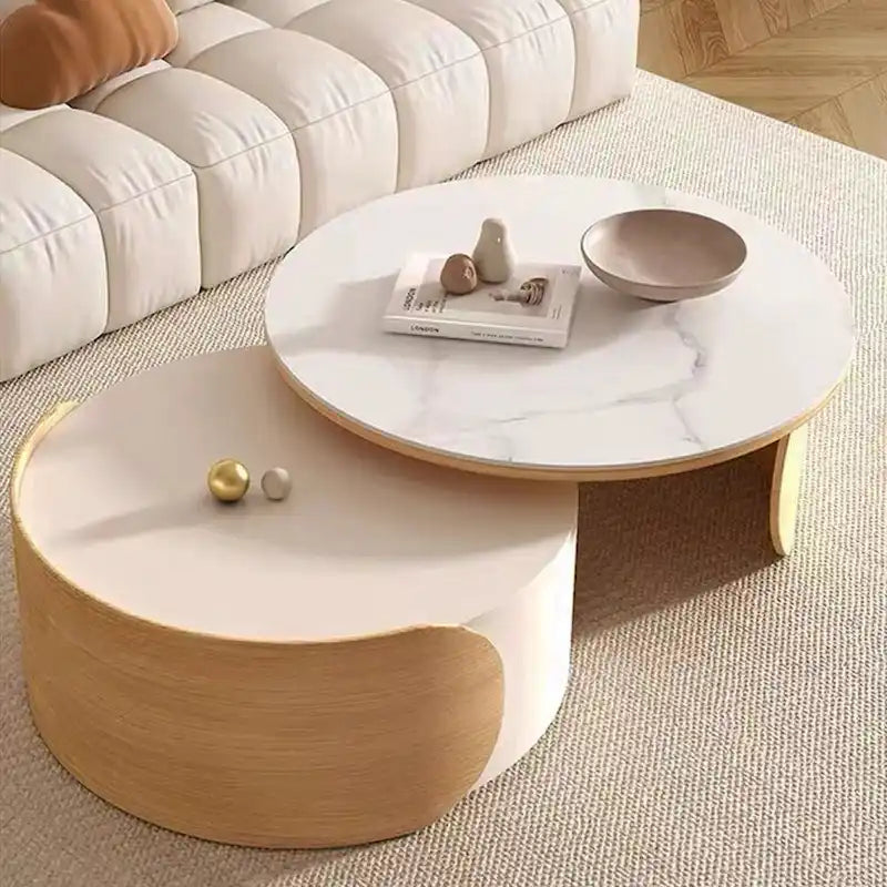 Table basse ronde moderne, plateau en pierre, bois naturel – 50 x 31,5