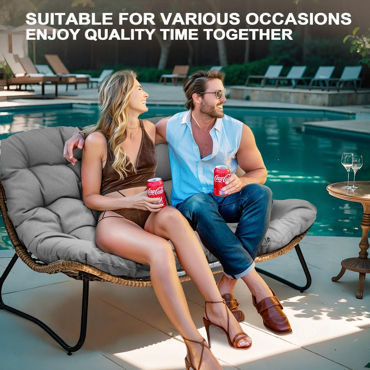 Dubbele papasan-loveseat met kussen, weerbestendig PE-rotan en metalen frame voor binnen en buiten