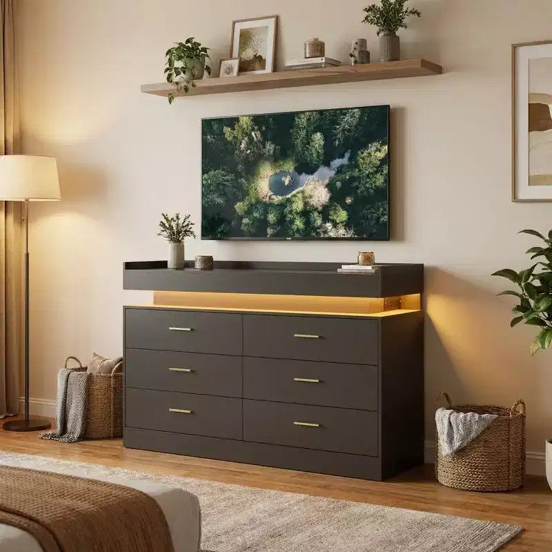 Mobile TV moderno con 6 cassetti e luci LED, bancone sospeso e zona caffè per soggiorno, centro d'intrattenimento