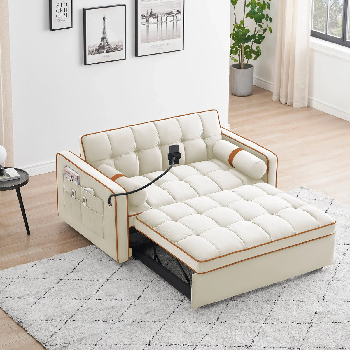 Aksamitna rozkładana sofa dwuosobowa 55'' z funkcją spania, regulowanym oparciem, kieszeniami bocznymi i uchwytem na telefon