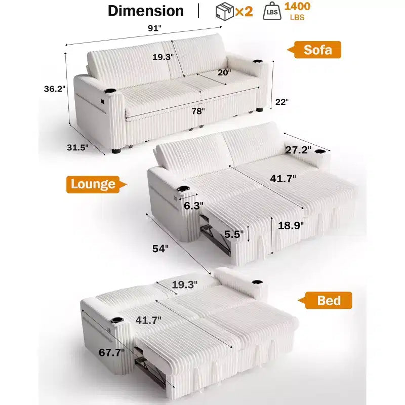 Dyonery 91: narożna sofa z funkcją spania, wysuwanym łóżkiem, rozkładanym oparciem, dwoma wysuwanymi łóżkami, portami USB i uchwytami na kubki, z miękkiego sztruksu
