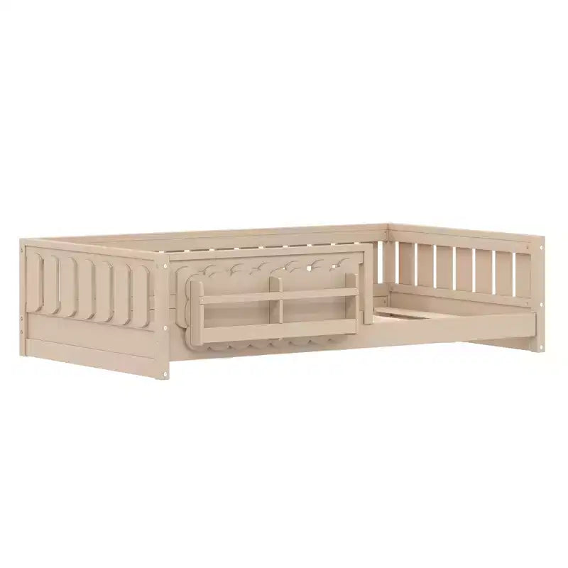 Struttura letto a piattaforma per bambini, singolo e matrimoniale, con sponde di sicurezza, librerie integrate e ripiani contenitore