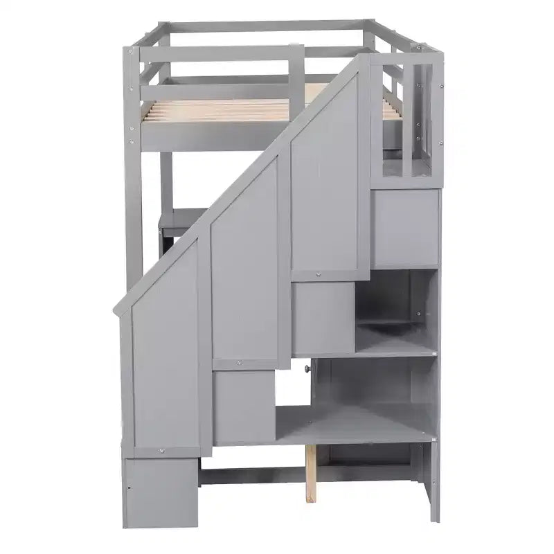 Cama alta de tamanho Twin com secretária em L, 3 gavetas, armário, arrumação nas escadas e estrutura em pinho maciço/MDF