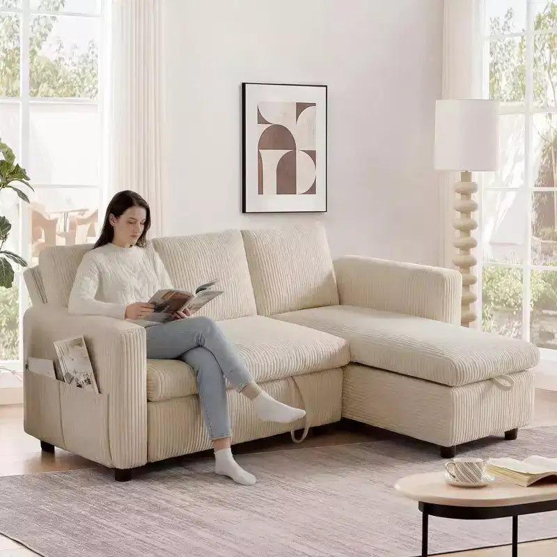 Dyonery Rozkładana sofa 2 w 1 z szezlongiem z pojemnikiem na pościel, sztruksowy narożnik z portami USB do salonu