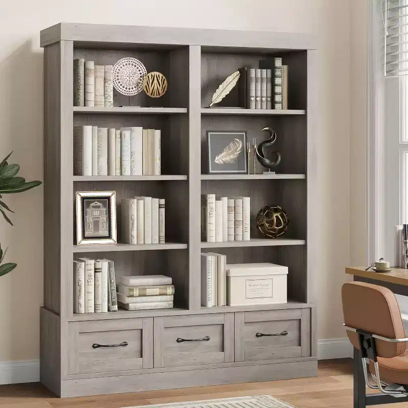 Librerie e scaffali 64 H tradizionali, libreria con 3 cassetti portaoggetti, 4 ripiani, doppia larghezza, ripiani aperti, per ufficio e soggiorno