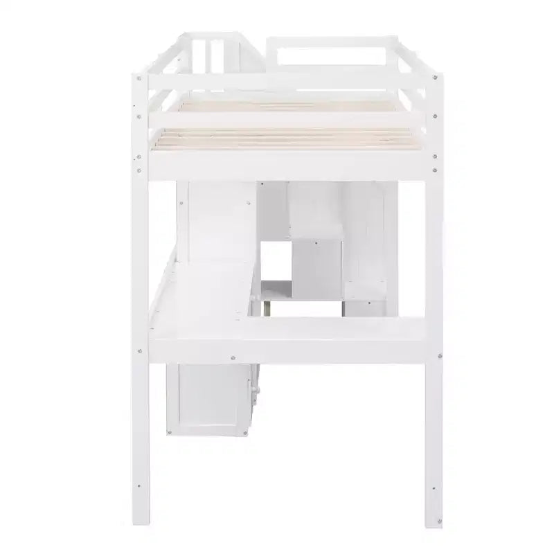 Cama alta de tamanho Twin com secretária em L, 3 gavetas, armário, arrumação nas escadas e estrutura em pinho maciço/MDF
