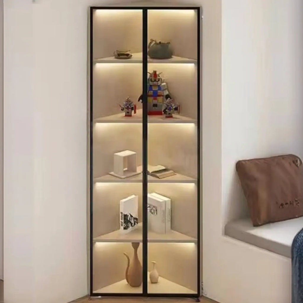 Vitrine de canto moderna em metal e madeira cinzenta com porta de vidro