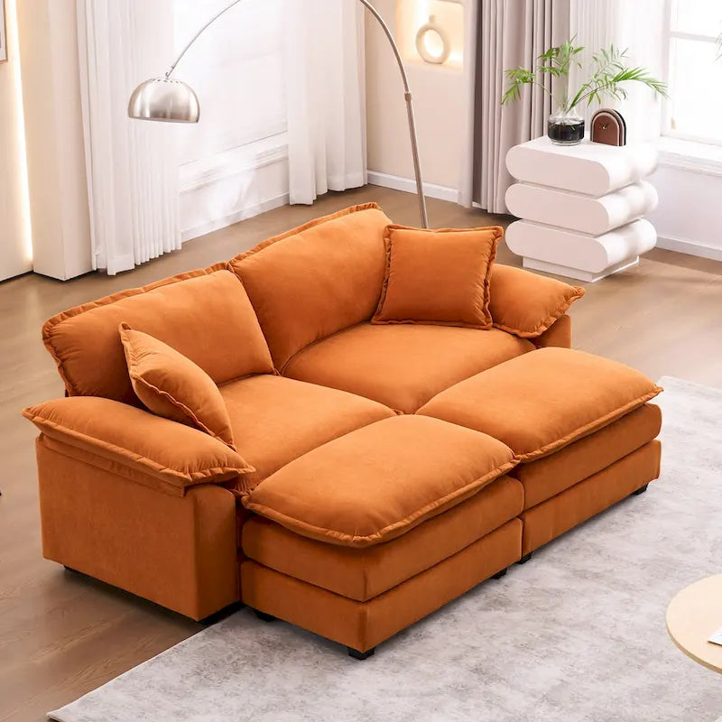 Zweisitzer-Sofa mit 2 Sitzkissen, 2 Kissen und 2 Hockern, bequemes Sofa – tiefes Wohnzimmer-Sofa, modulares Sofa
