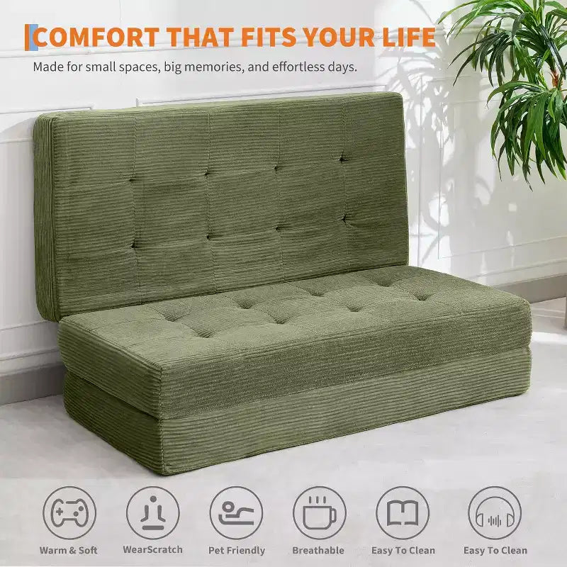 Divano letto con materasso pieghevole a tre sezioni SunnyFurn da 15 cm, 190,5 x 138 cm, letto per ospiti pieghevole in schiuma con velluto a coste trapuntato, portatile per campeggio, soggiorno e camera da letto