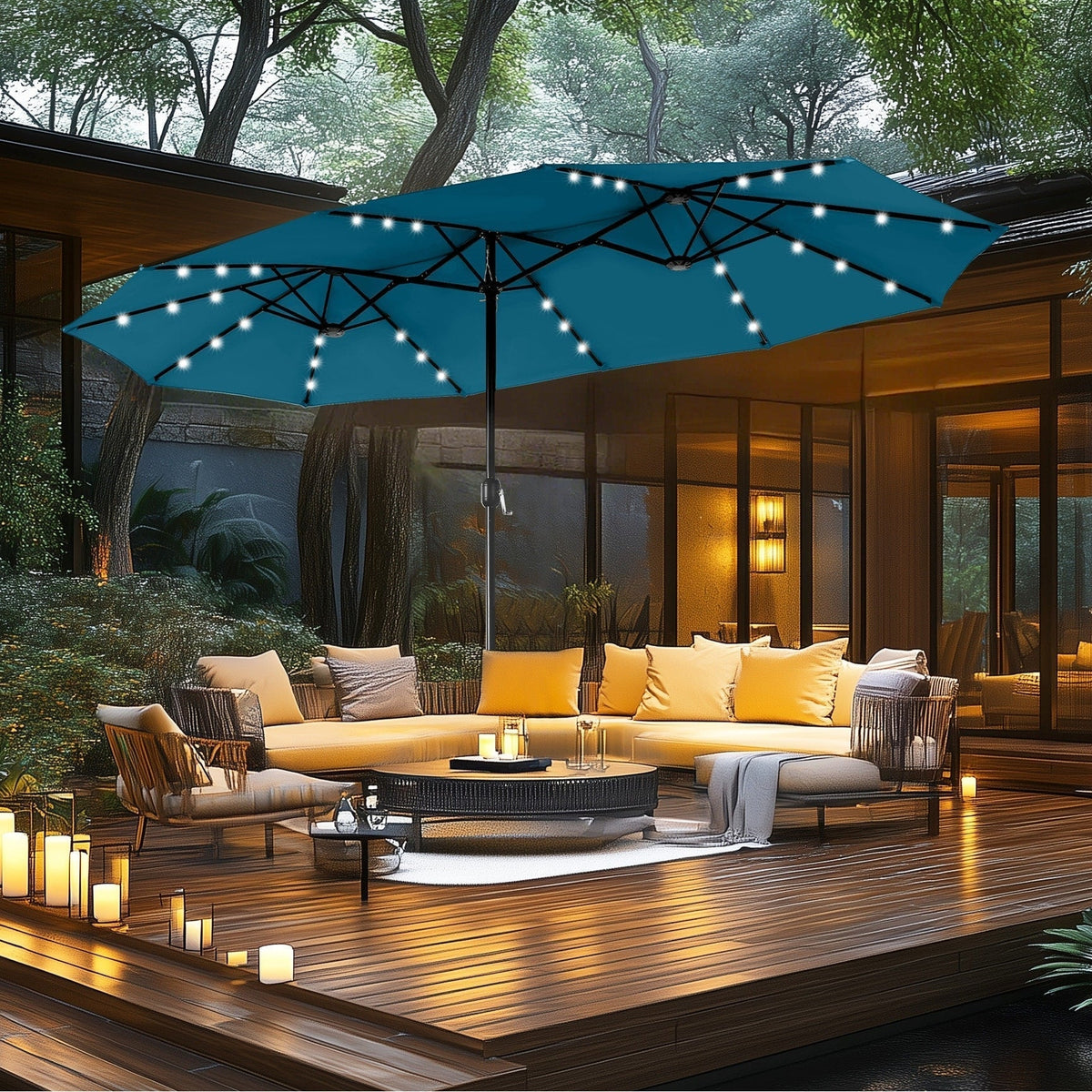 MAISON ARTS 15-Fuß-rechteckiger Outdoor-Marktschirm mit Kurbel, doppelseitiger Bespannung und solarbetriebenen LED-Leuchten, inklusive Standfuß