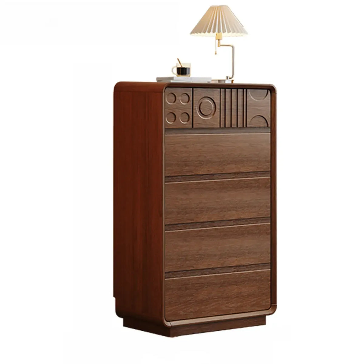 Houten ladekast geïnspireerd op art deco met geometrisch houtsnijwerk